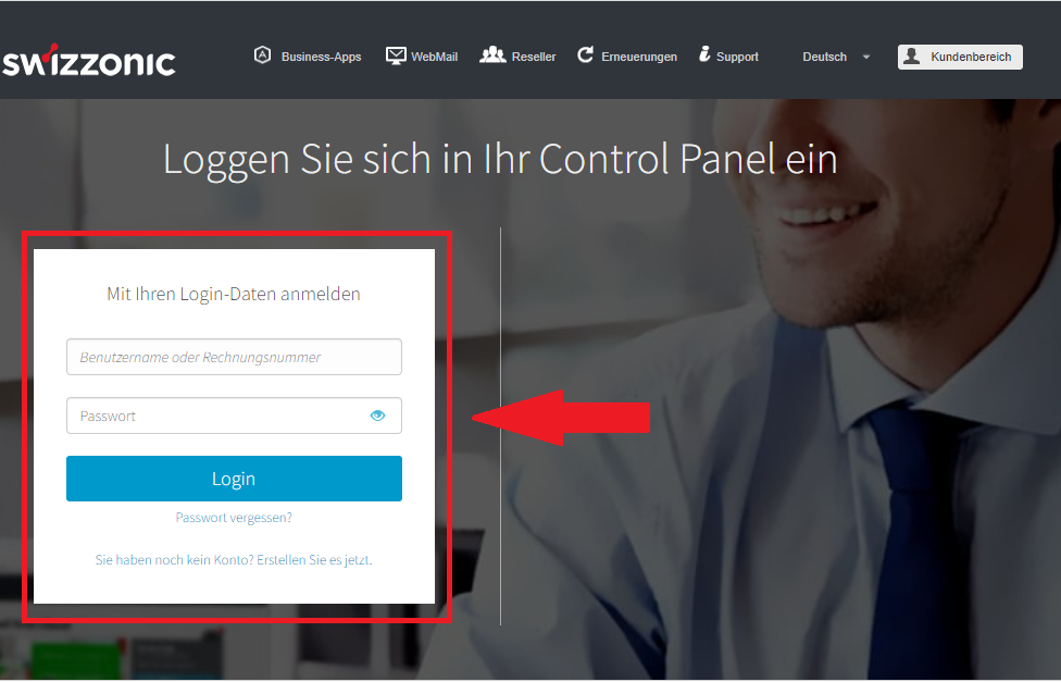 Zugang zum Kundenbereich von Swizzonic
